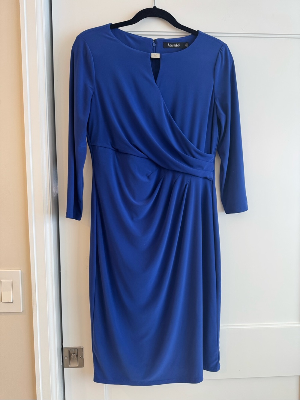 Lauren Ralph Lauren Cobalt Blue Faux Wrap Ruched 3/4 Sleeve Jersey Dress Size 10